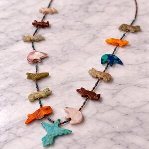 Vintage Native-Inspired Animal Fetish Necklace Turquoise Stone Statement